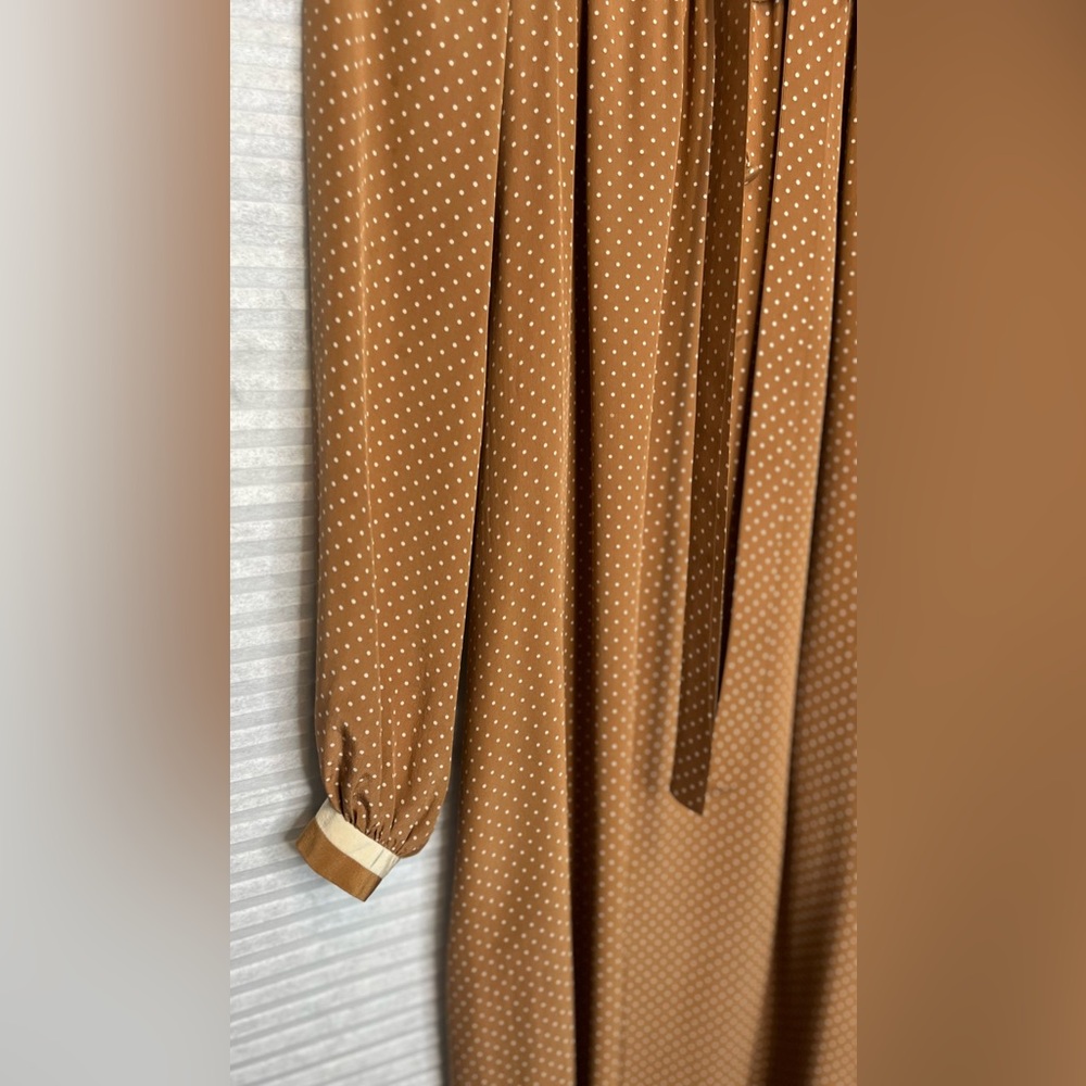 Vintage 70’s Ted Lapidus Paris Silk Maxi Dress Brown Beige Polka Dots Size 4 - Picture 5 of 15